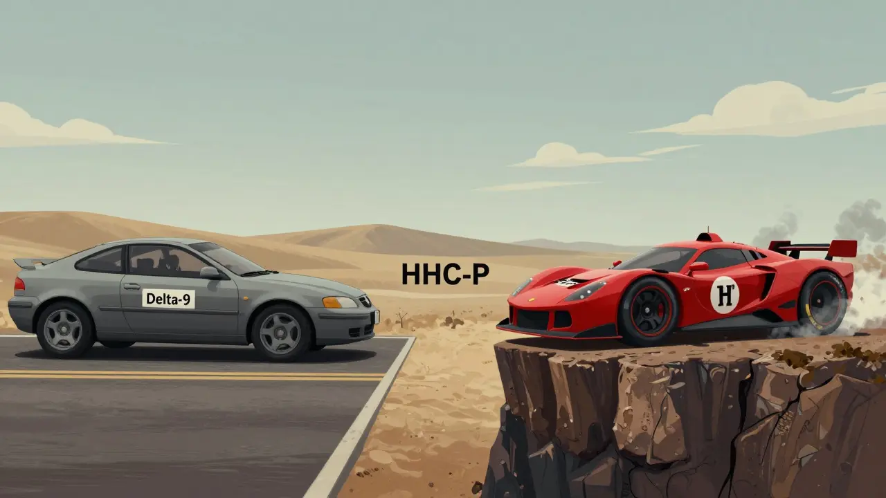 Ein Auto mit Delta-9 auf sicherer Straße, ein Rennwagen mit THCP am Abgrund — HHC-P als sicherer Mittelweg.