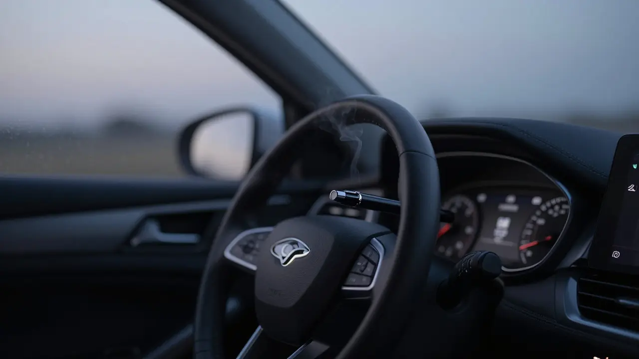 Ein Dab Pen im Auto, sanfter Dampf und eine gekippte Fensterscheibe bei Dämmerung.