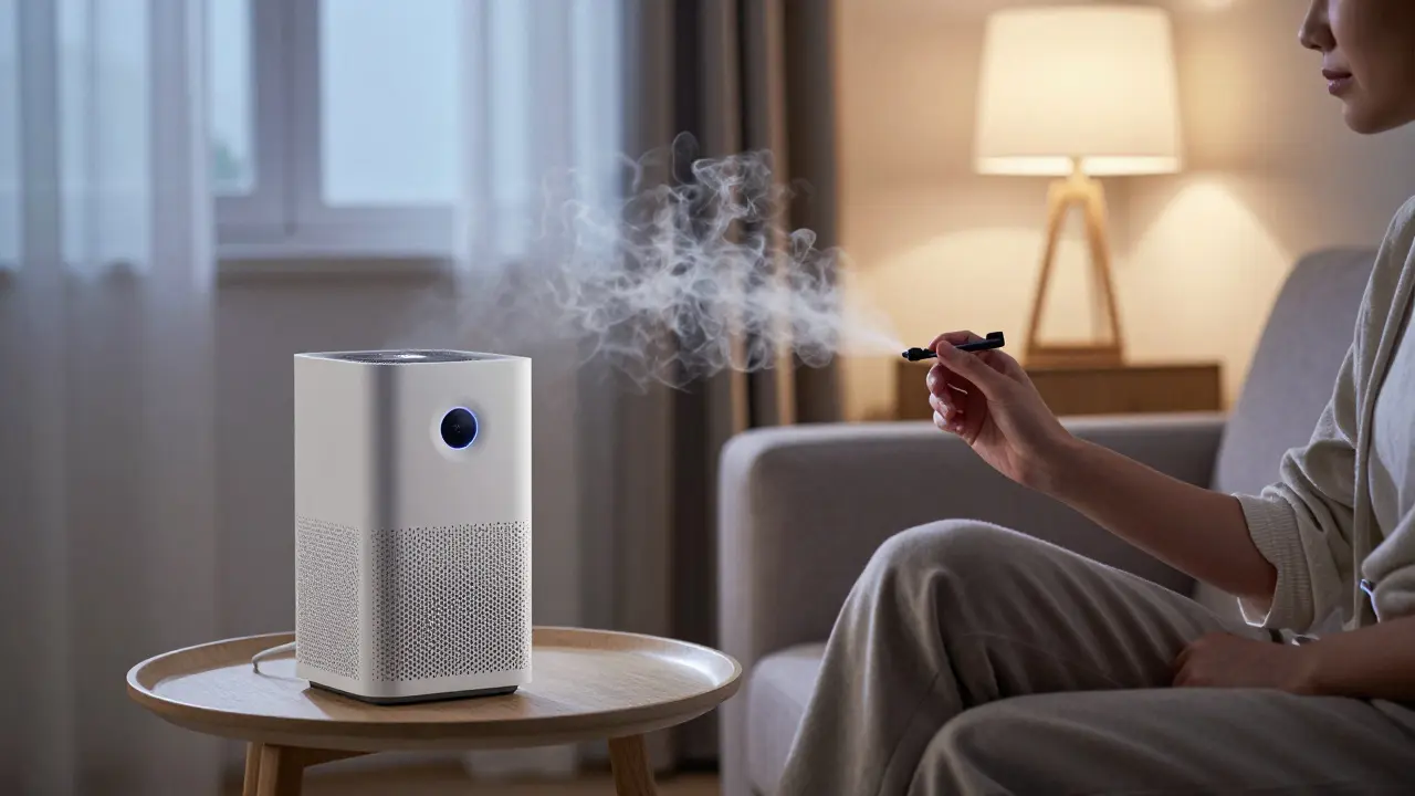 Ein Dab Pen in einer Wohnung, ein Luftfilter und leicht geöffnetes Fenster für Diskretion.