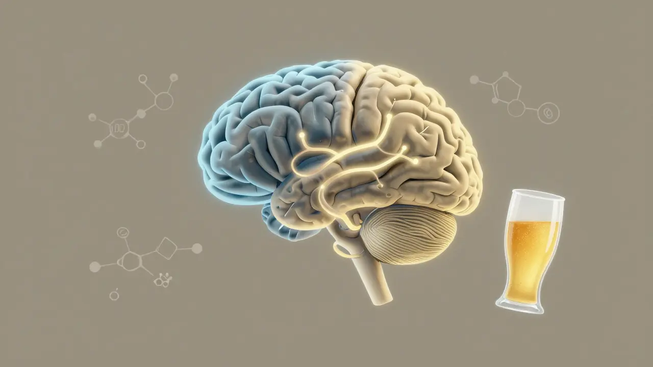 Ein menschliches Gehirn mit leuchtenden Pfaden zwischen Angst- und Denkzentrum, umgeben von CBD-Molekülen.
