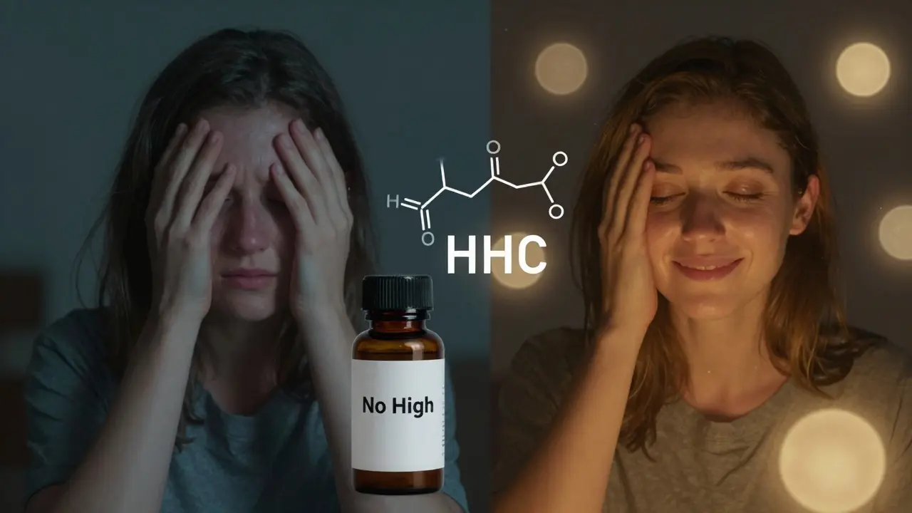 Ein Vergleich: Eine Person mit CBD (ruhig) und dieselbe Person mit HHC (sanft verändert), getrennt durch eine chemische Struktur.