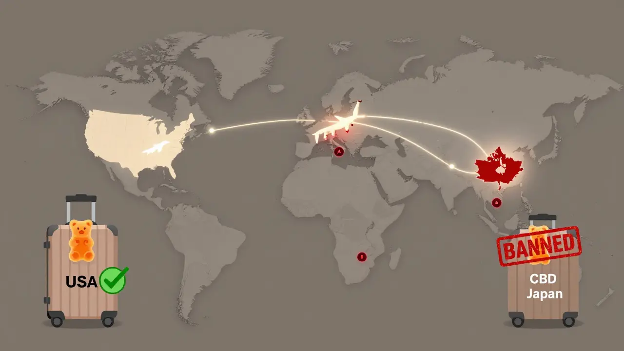 Eine globale Karte mit Warnsymbolen für CBD-Verbote in verschiedenen Ländern neben legalen Gummibonbons aus den USA.