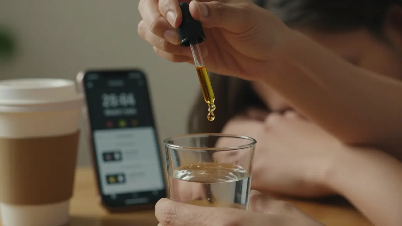 Eine Hand träufelt einen Tropfen CBD-Öl in Wasser, während im Hintergrund alltägliche Stressoren unscharf zu erkennen sind.