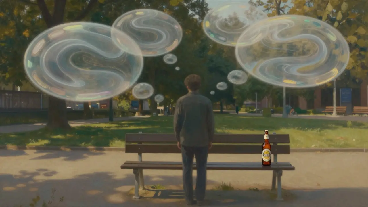 Eine Person in einem Park, deren Gedanken von chaotischen zu ruhigen Wellen werden, ein CBD-Bier steht daneben.