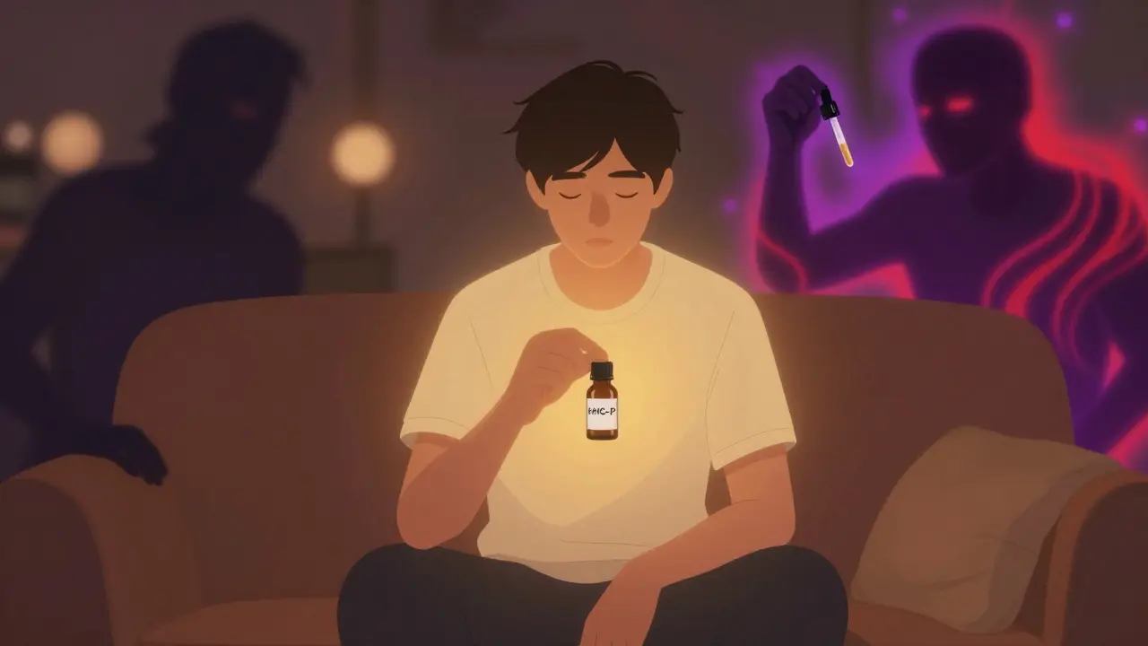 Eine Person in ruhiger Entspannung mit HHC-P-Kapsel, gegenüber einem überwältigten Schattenbild mit THCP-Tropfen.