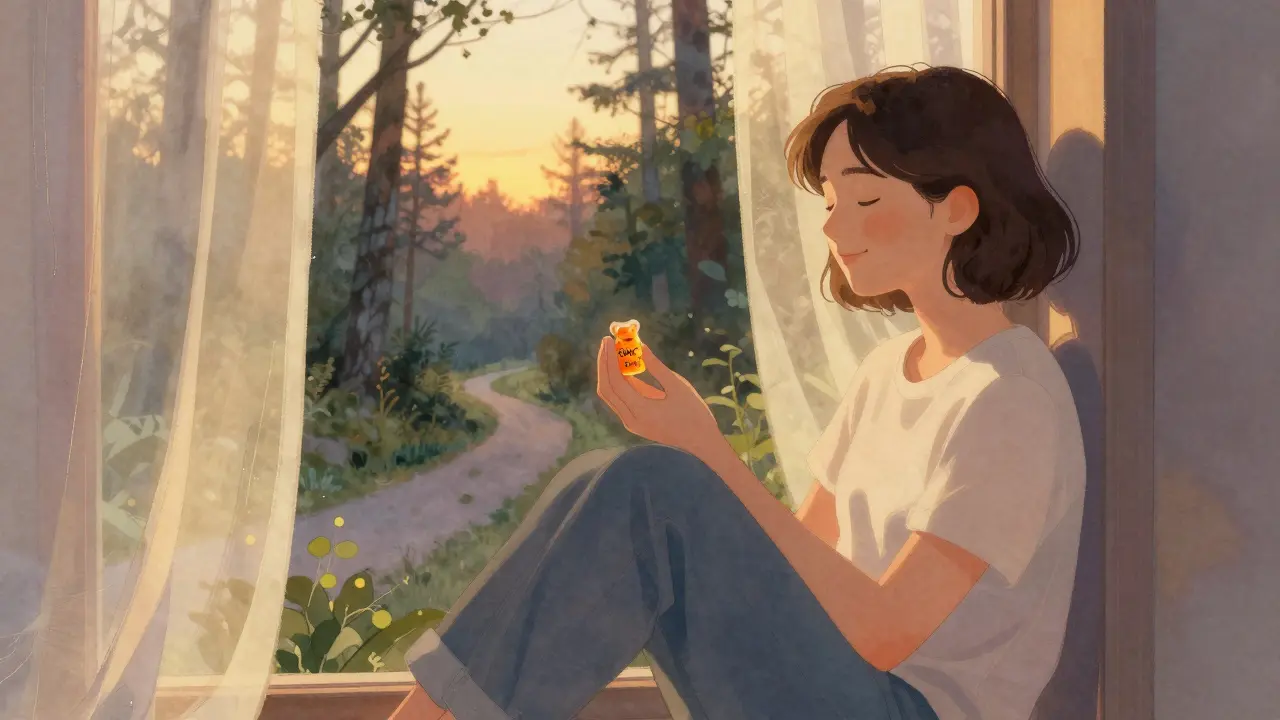 Eine Person sitzt friedlich am Fenster bei Dämmerung und hält ein HHC-Gummibärchen in der Hand.