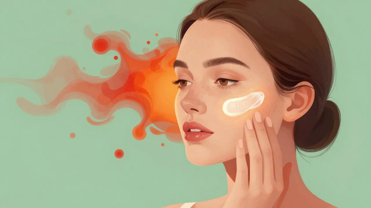 Frau trägt CBG-Creme auf Gesicht auf, entzündete Hautbereiche werden beruhigt, sanftes Licht betont Regeneration.