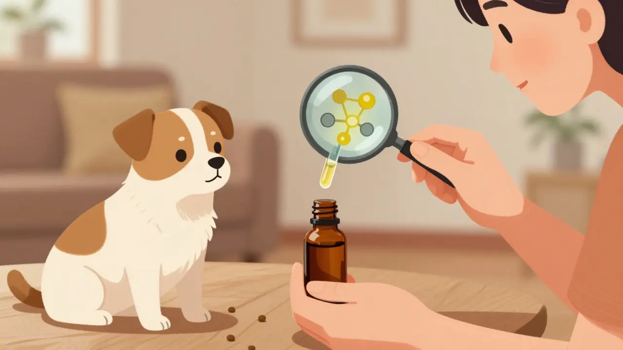 Hund und Katze erhalten vorsichtig CBD-Öltropfen auf ihr Futter, ohne Zusätze.