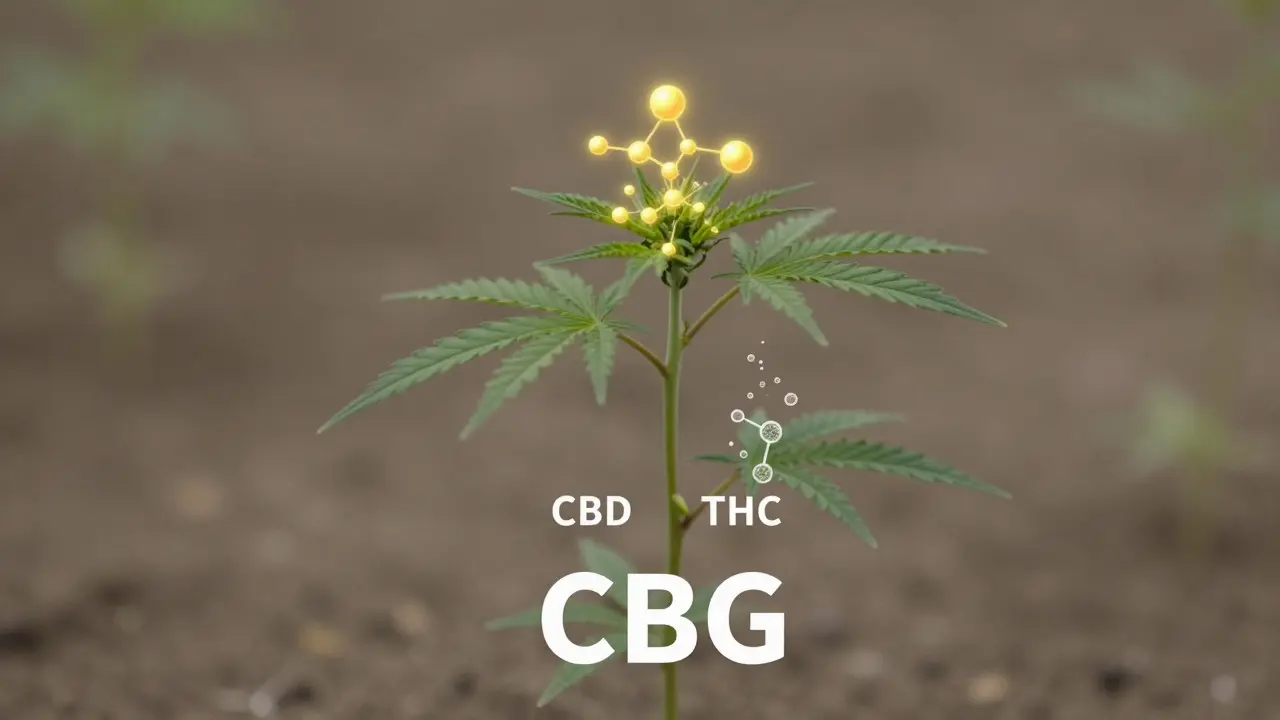 Junge Hanfpflanze mit goldenen CBG-Molekülen, während CBD und THC sich darunter verwandeln – urtümlicher Cannabinoid.