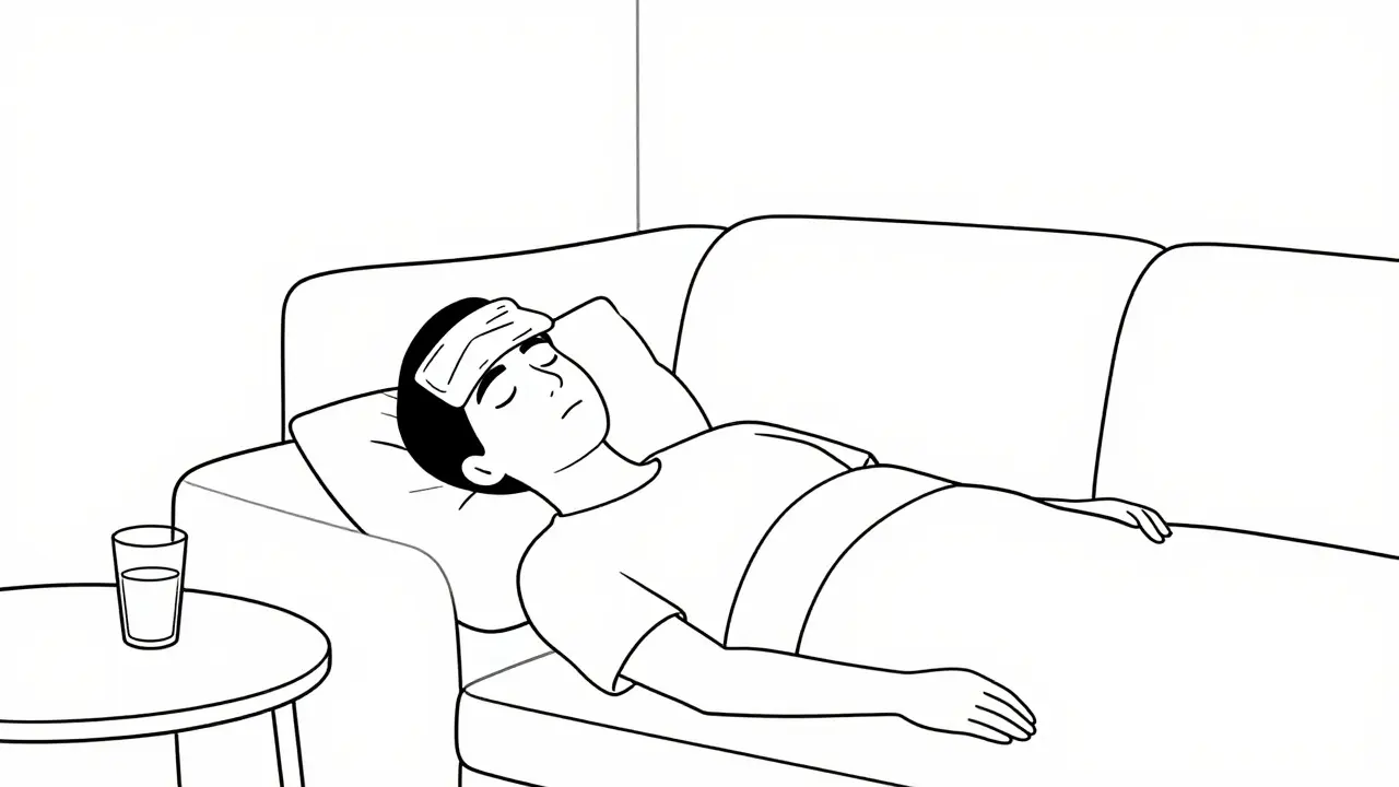 Kühle Kompresse auf Stirn in dunklem Raum, entspannt liegend