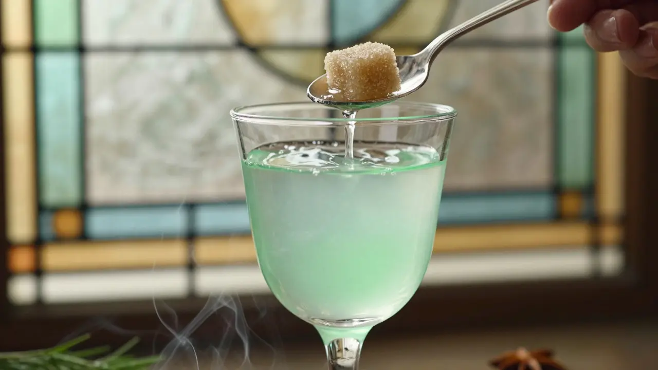 Nahaufnahme des Louche-Effekts: klare grüne Flüssigkeit wird milchig, wenn kaltes Wasser hinzugefügt wird.