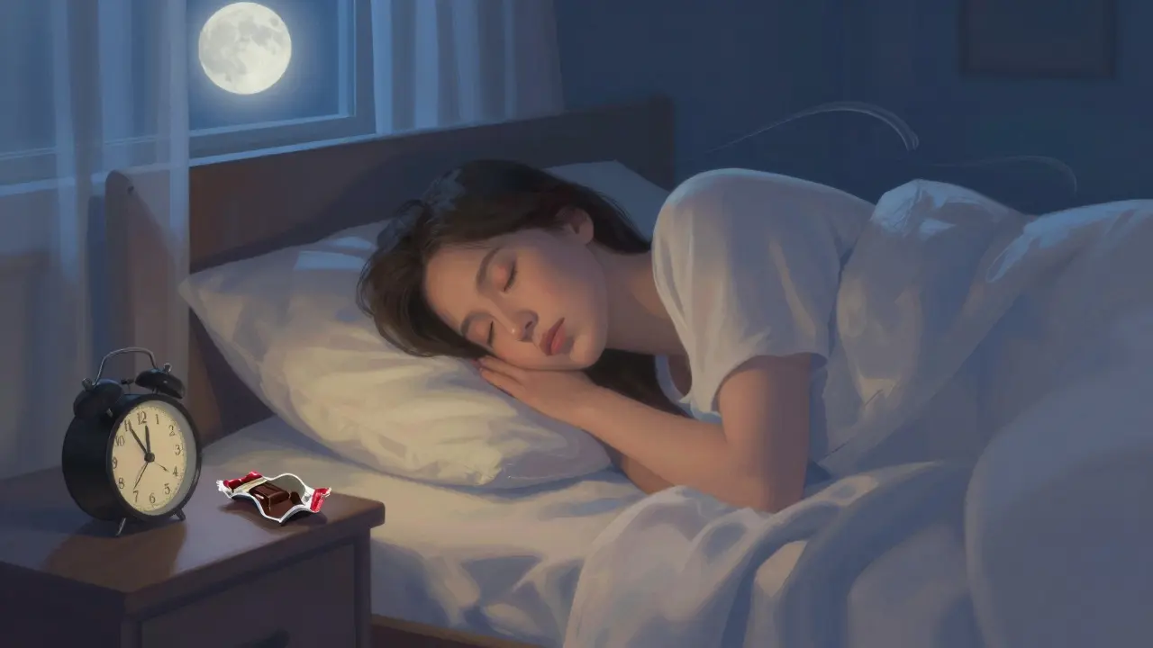 Person in Betten, nachdem sie CBD-Schokolade gegessen hat, Mondlicht durch Vorhänge.