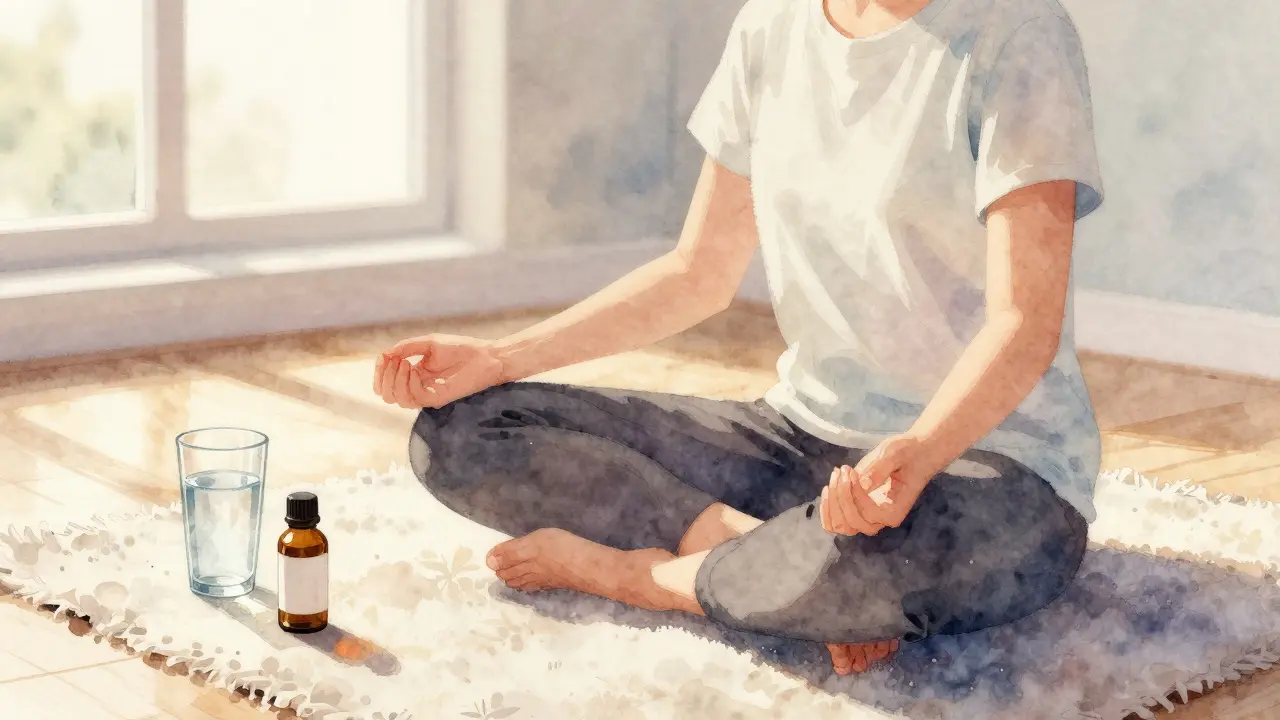 Person mit 4-7-8-Atmungstechnik in ruhiger Umgebung