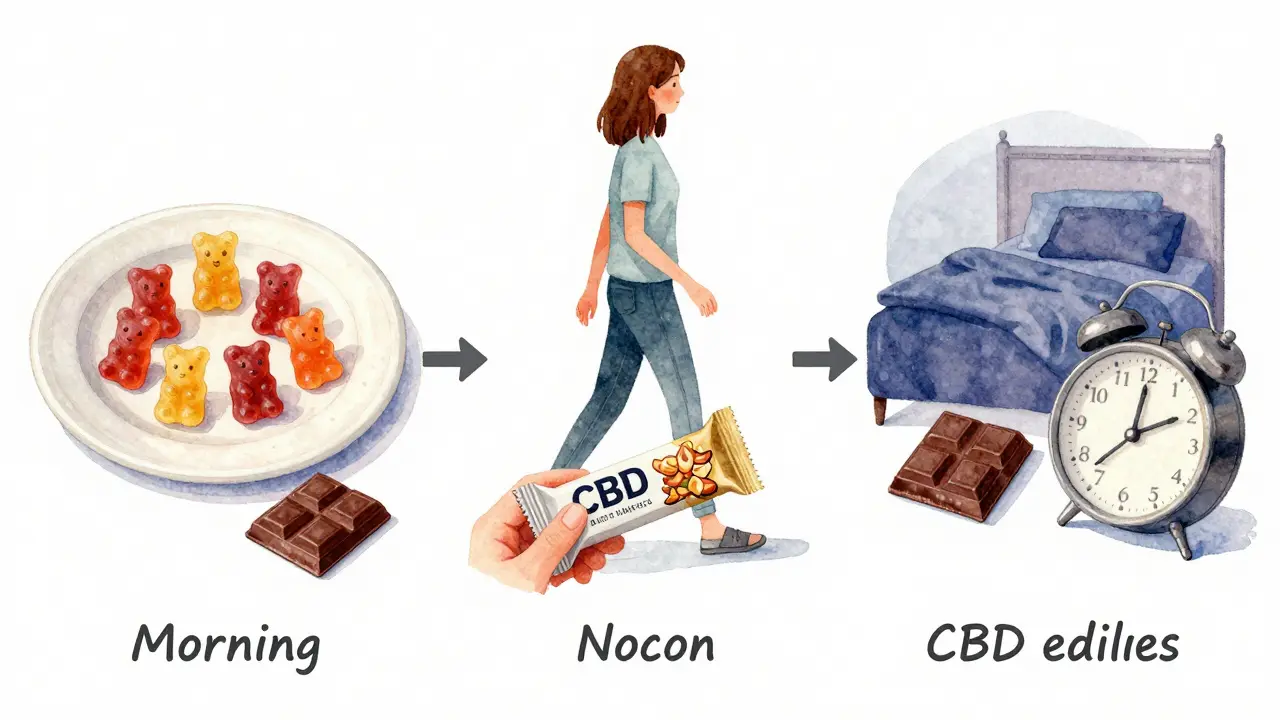 Tägliche Routine mit CBD-Edibles: Frühstück, Mittagssnack und Abendgenuss in sanften Wasserfarbtönen dargestellt.