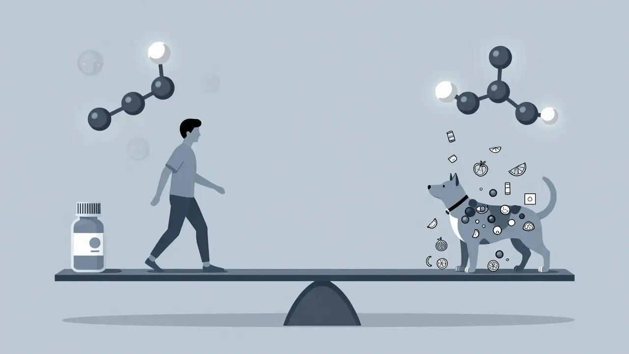 Waage mit Mensch und Tier: reine CBD-Flasche wiegt weniger, aber ist sicherer.