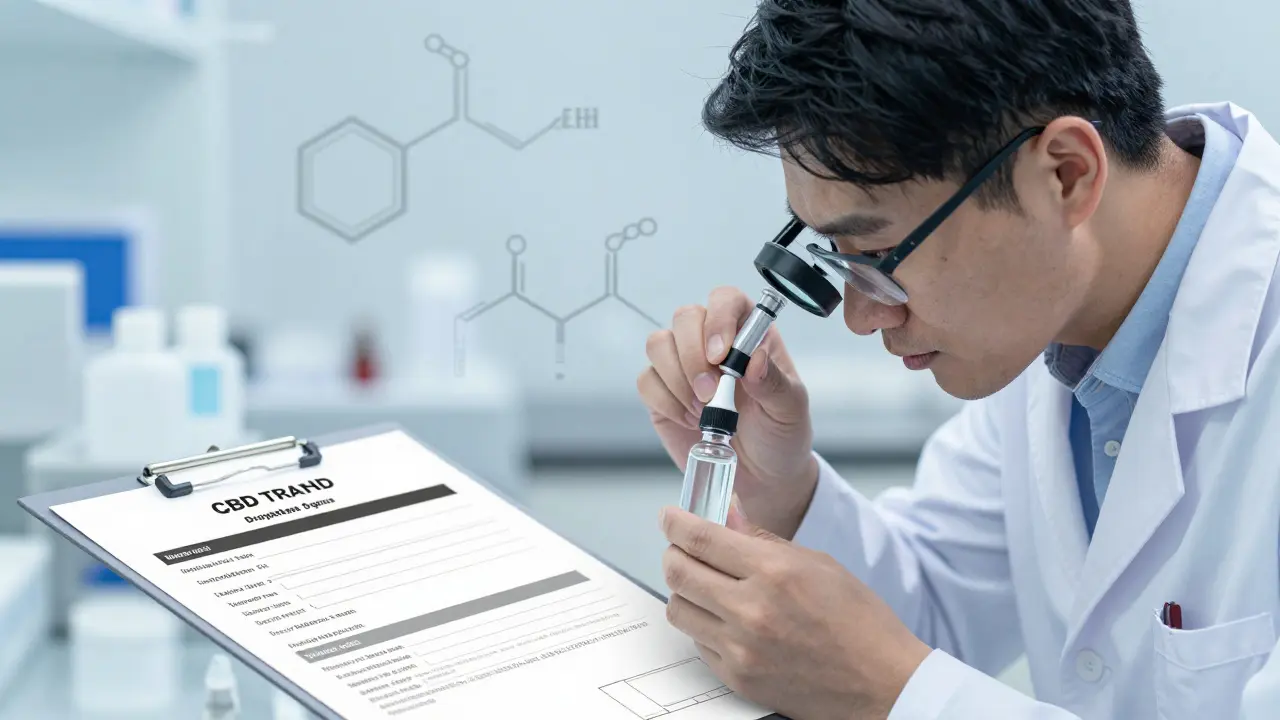 Wissenschaftler prüft CBD-Flüssigkeit mit Analysebericht im Labor.