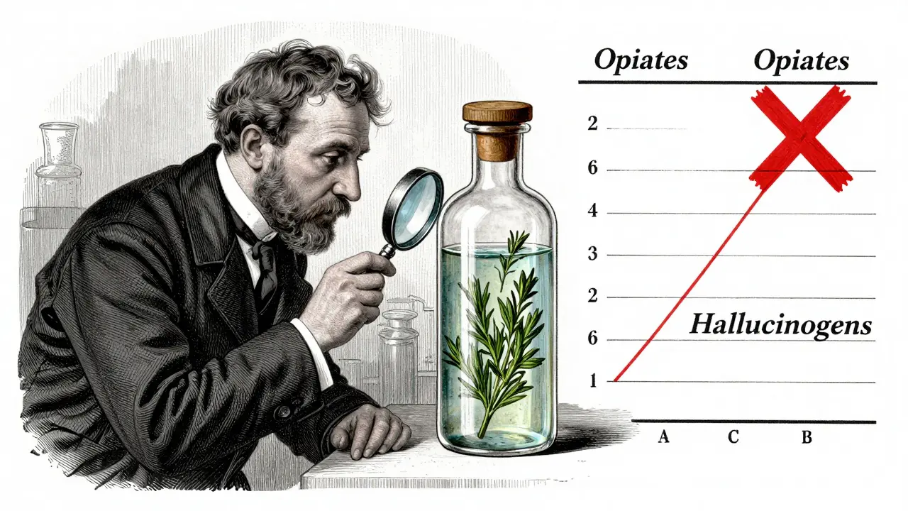 Wissenschaftler untersuchen in einem Labor eine Flasche Absinth und finden keine Opiate oder Rauschmittel, nur natürliche Zutaten.