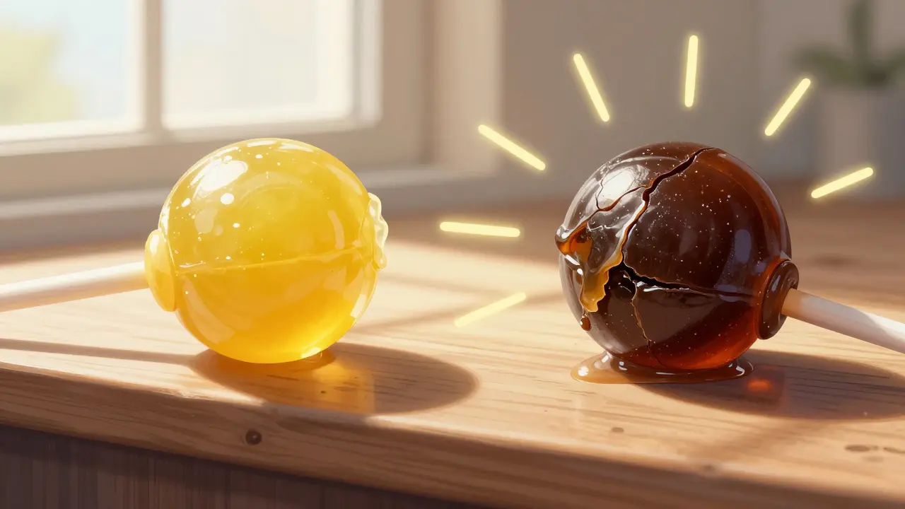 Zwei Cannabis-Lutschbonbons nebeneinander: eines frisch, eines abgebaut, mit Lichtstrahlen, die den Abbau zeigen.