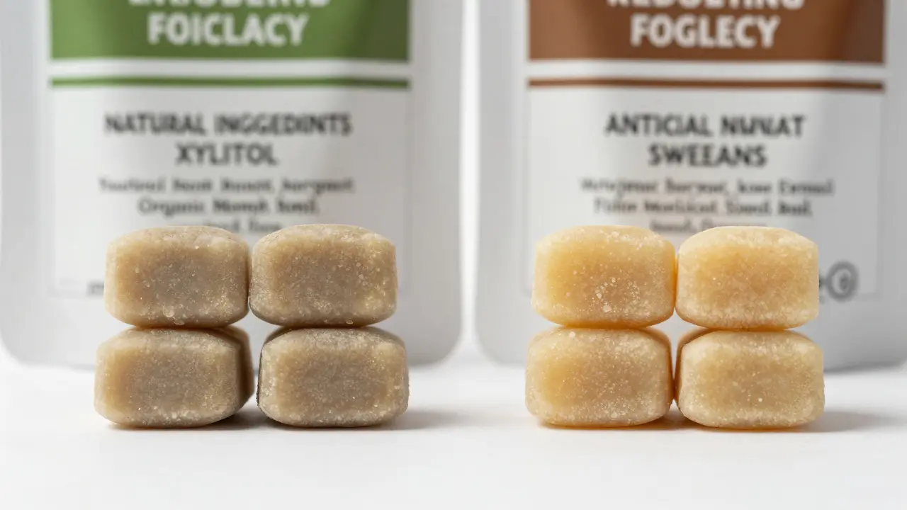 Zwei CBD-Kaugummis im Vergleich: einer mit natürlichen Zutaten, der andere mit künstlichen Zusätzen.