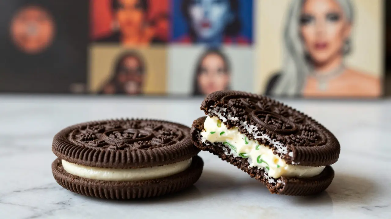 Zwei gebissene Oreos mit grünem Füllungsmuster, auf Marmor, elegant und stilvoll präsentiert.