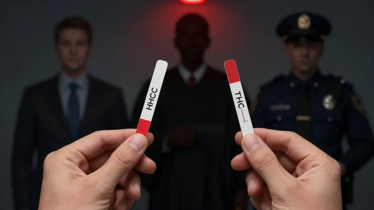 Zwei identische Drogentests mit positivem Ergebnis, während hinter der Person Autoritäten drohen.