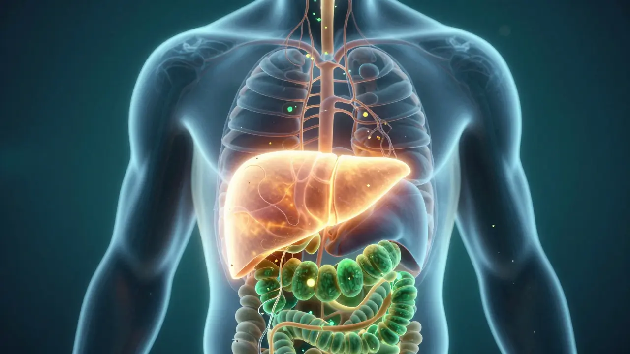 Abstrakte Darstellung der Leber, die Substanzen im Körper verarbeitet.