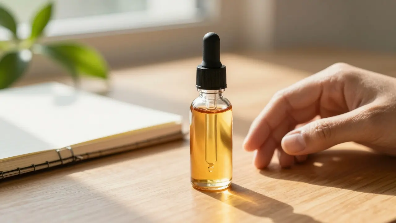 CBD-Ölflasche auf Holztisch neben Pflanze und Notizbuch im natürlichen Morgenlicht