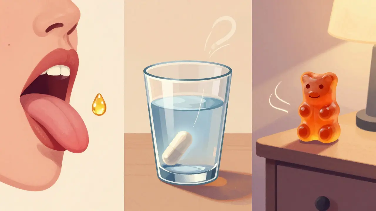 Drei Methoden der CBN-Einnahme: Tropfen, Kapsel und Gummibärchen mit Wirkungsdauer-Darstellung.