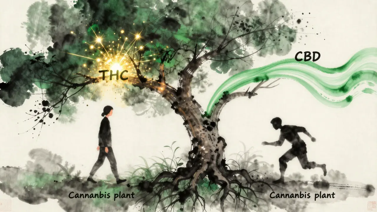 Ein Baum mit zwei Zweigen: einer mit chaotischen goldenen Lichtern (THC), der andere mit ruhigen grünen Wellen (CBD).