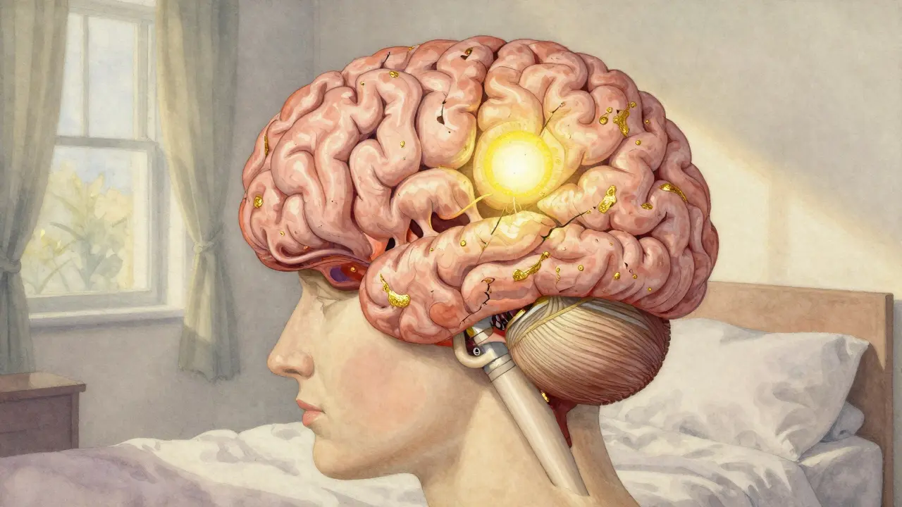 Ein Gehirn mit zwei Hälften, die durch goldenes Licht verbunden sind, während ein sanfter Morgennebel über einem Bett liegt.