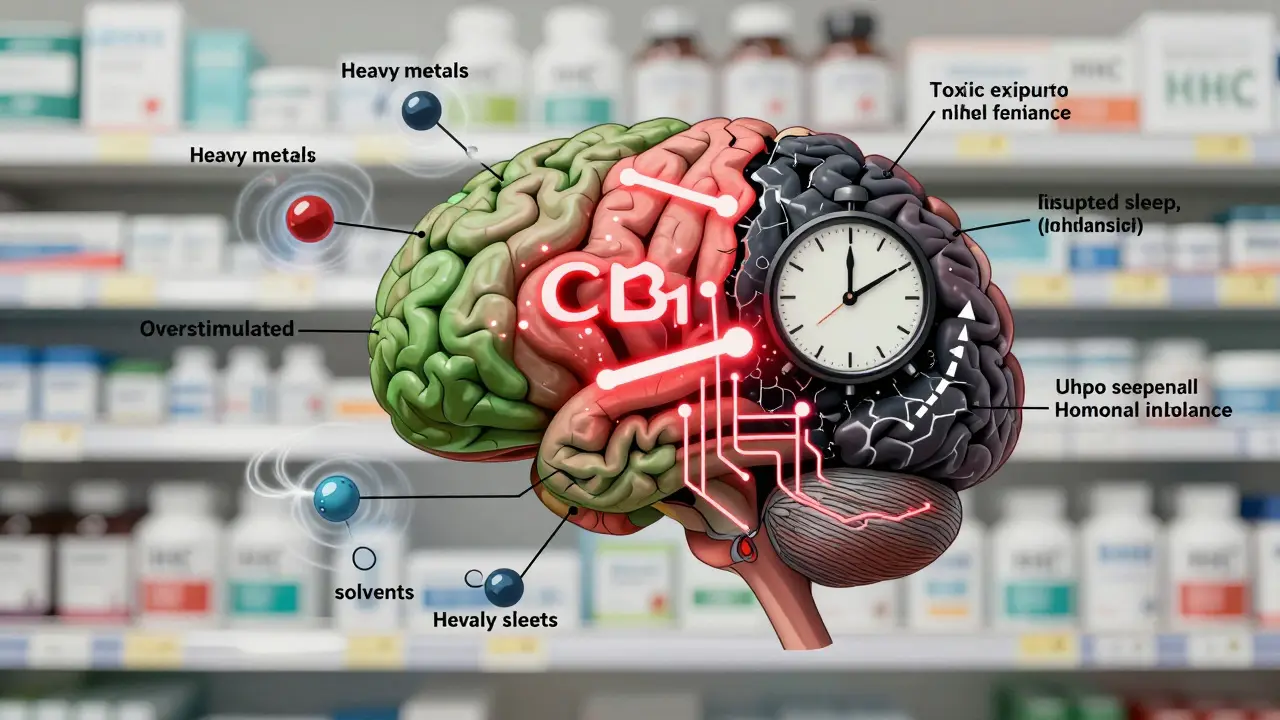 Ein menschliches Gehirn mit überlasteten Rezeptoren und toxischen Molekülen, die die neuronale Gesundheit beeinträchtigen.