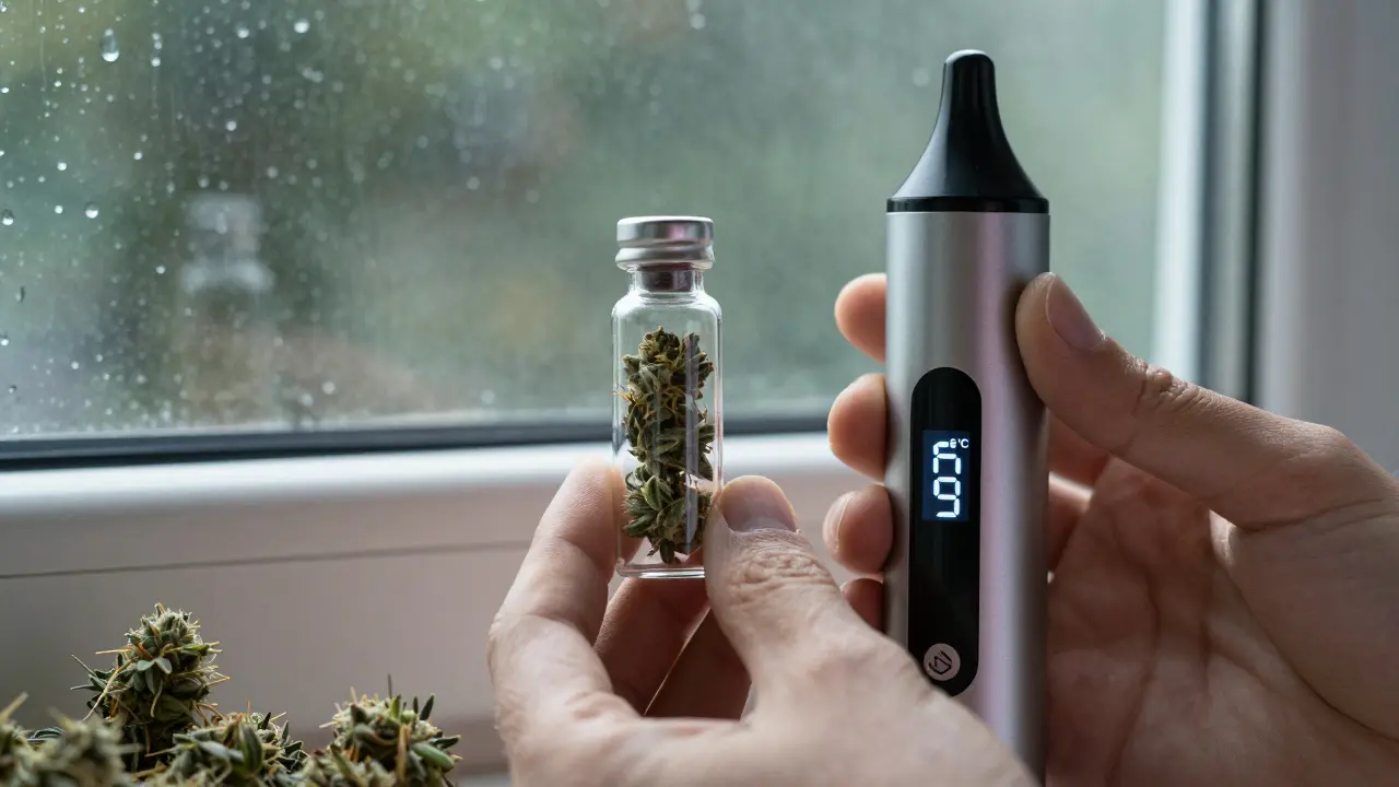 Eine Hand hält CBD-Blüten in einer Glasvase neben einem Dampfgerät mit Temperaturanzeige.