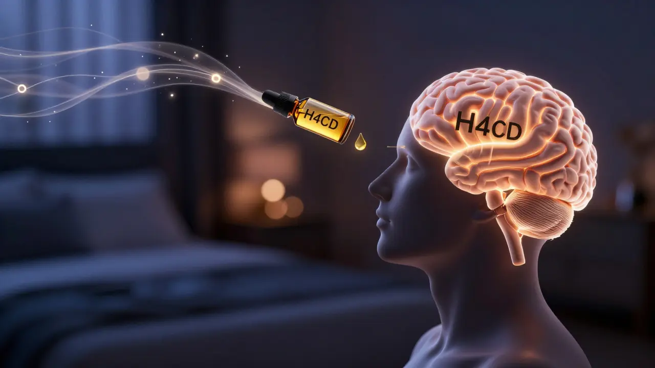 Eine Person in einem Schlafzimmer, durchströmt von leuchtenden Myrcen-Molekülen, die die Blut-Hirn-Schranke durchdringen.