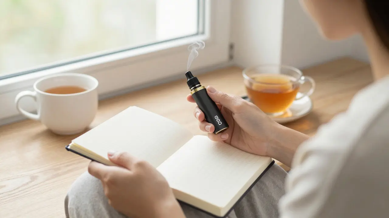 Eine Person notiert ihre Erfahrungen mit CBD-Vaping in einem Tagebuch bei morgendlichem Licht.