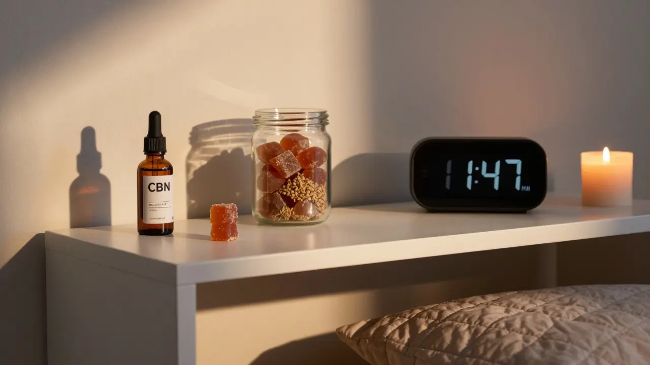 Eine ruhige Wellness-Regal-Szene mit CBN-Produkten, Tees und einer Uhr, die 23:47 Uhr anzeigt, in warmem Abendlicht.