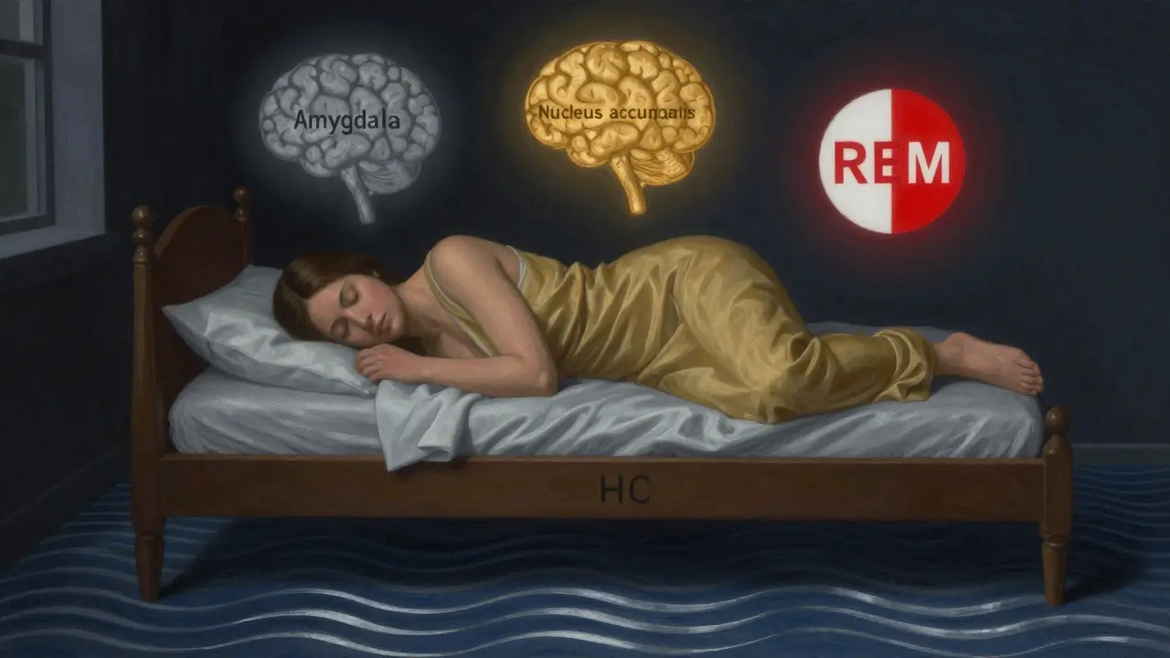 Eine schlafende Person über der ein ruhiges Gehirn mit aktivierten und gedämpften Regionen schwebt.