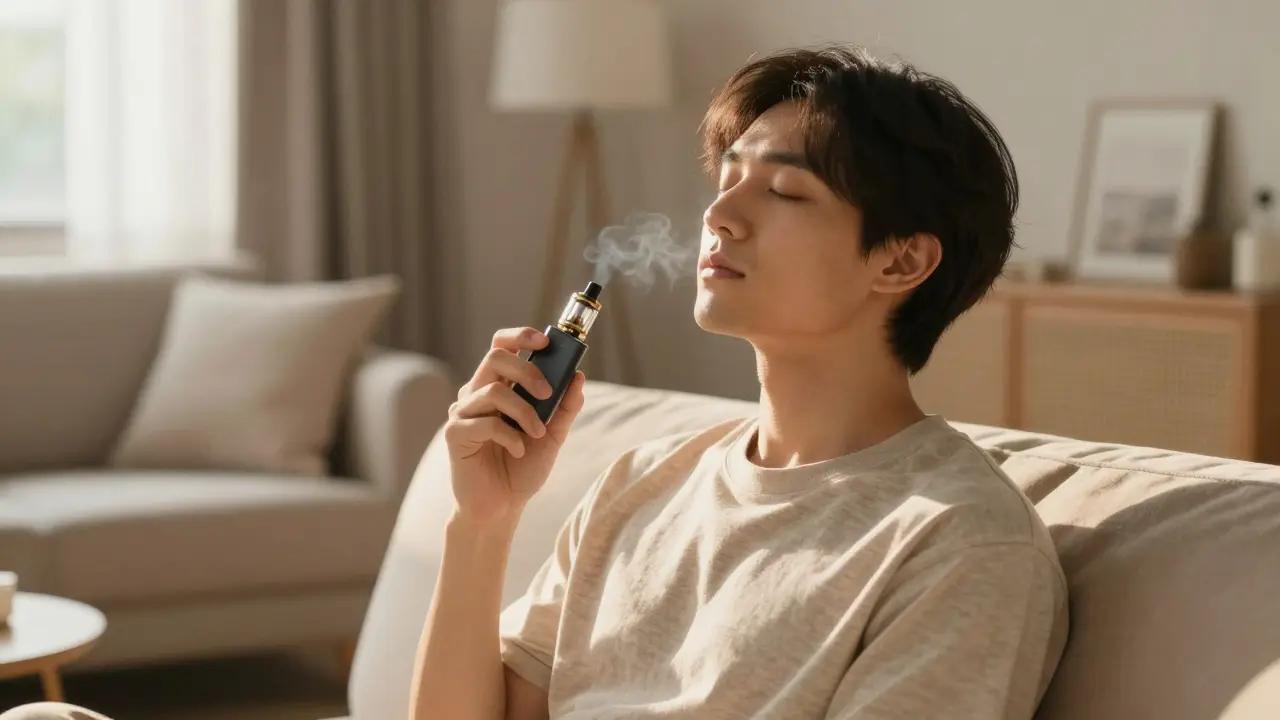 Entspannte Person in einem Wohnzimmer, die ein Vape-Gerät hält.