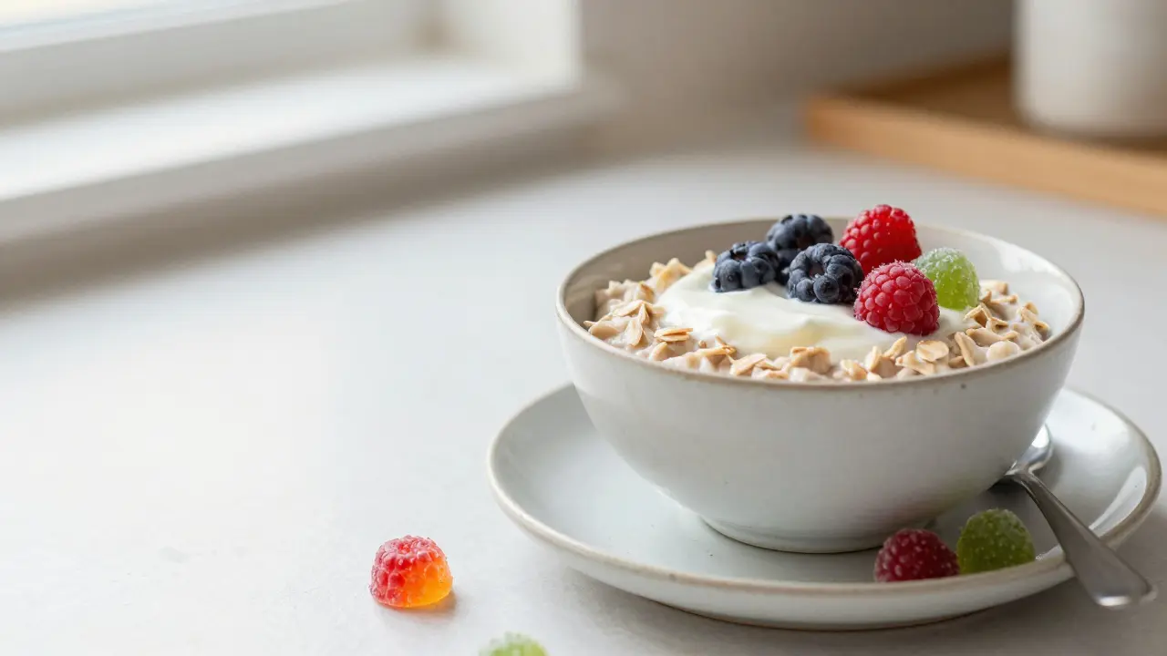 Gesundes Frühstück mit Joghurt und einem CBD-Gummi für bessere Aufnahme.