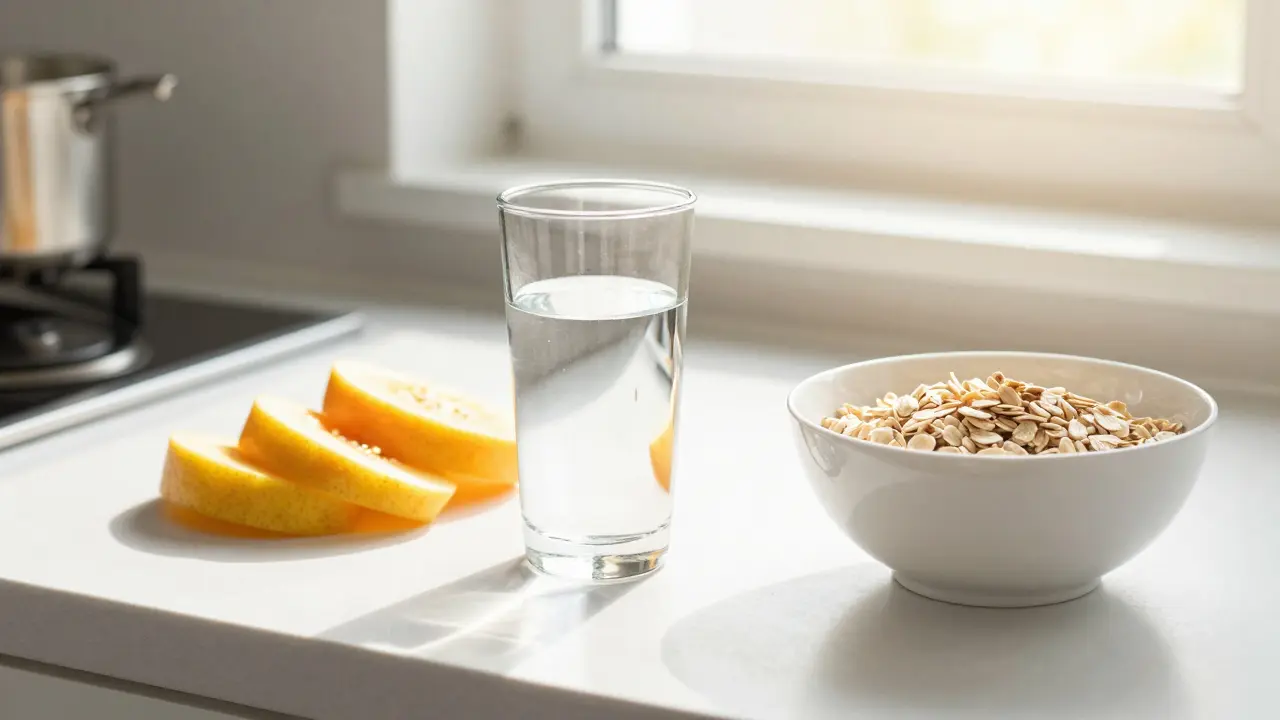 Glas Wasser und gesundes Frühstück auf einem sonnigen Küchentisch.