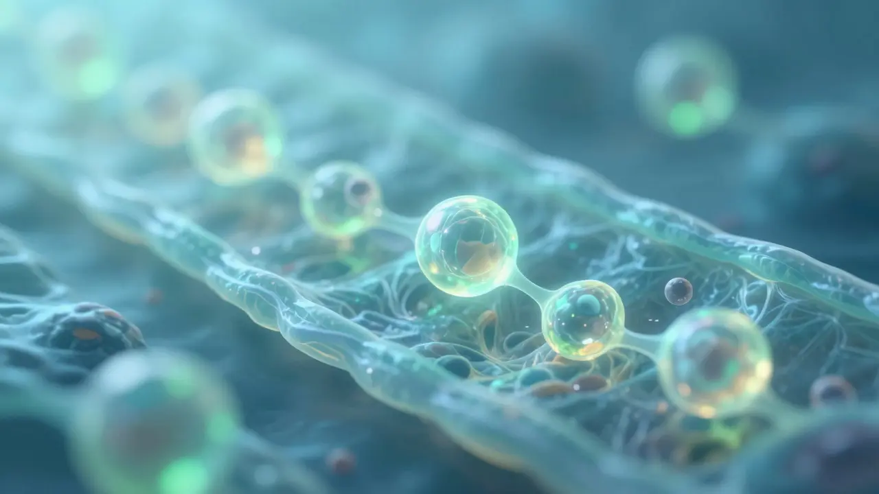 Glühende Moleküle durchdringen abstrakt dargestellte Zellmembranen.