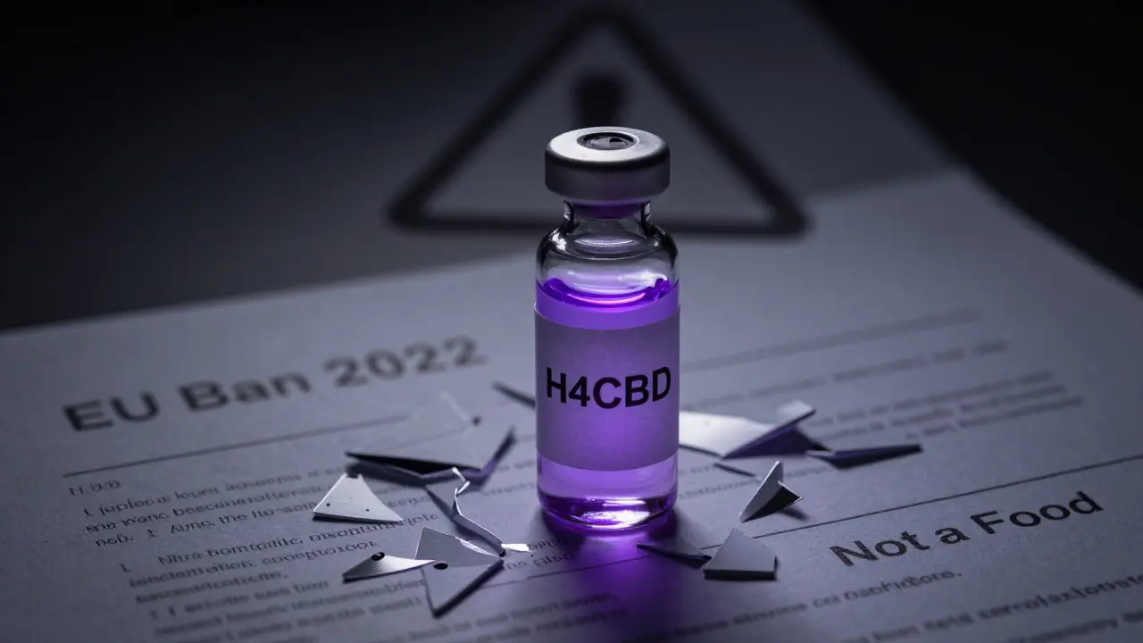 Glühendes H4CBD-Öl in einer Vase, umgeben von zerbrochenen rechtlichen Dokumenten und Warnsymbolen.