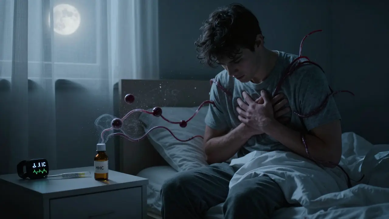 Jemand liegt nachts im Bett, von synthetischen Molekülen umgeben, während Schlafstörungen und körperliche Belastung sichtbar sind.
