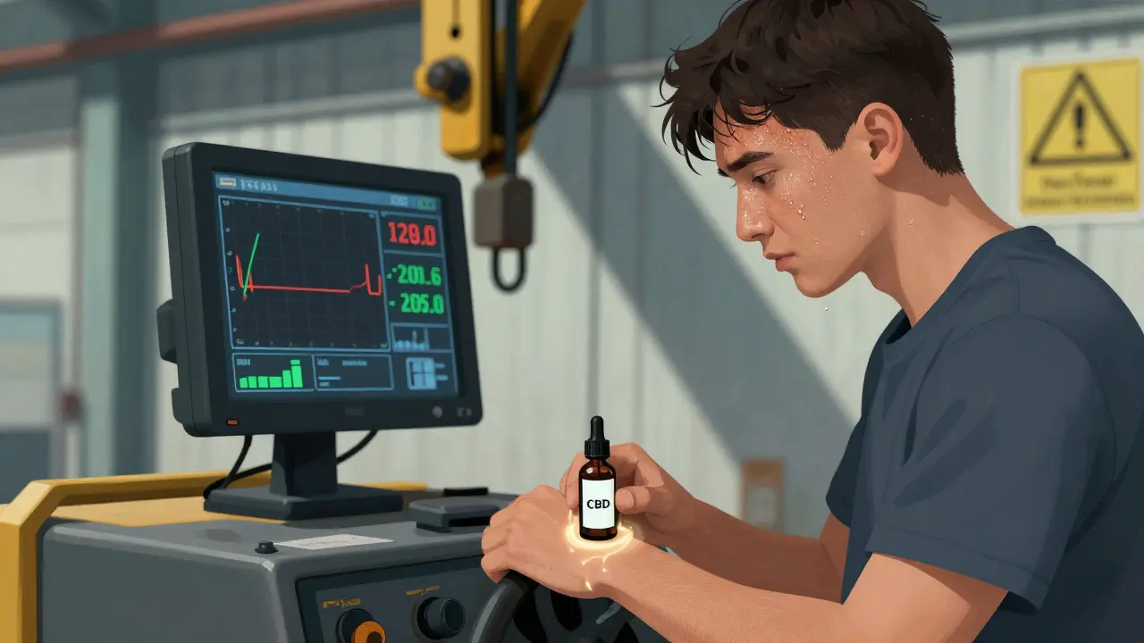 Junge Mann bedient eine Baumaschine, CBD-Flasche neben ihm, digitale Anzeige zeigt verlangsamte Reaktionszeit.