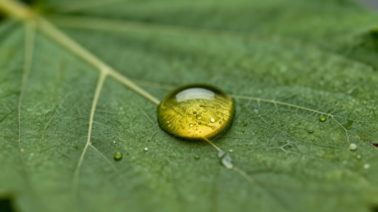 Kunstvolle Darstellung von Hanföl und Blättern für natürliche Inhaltsstoffe.