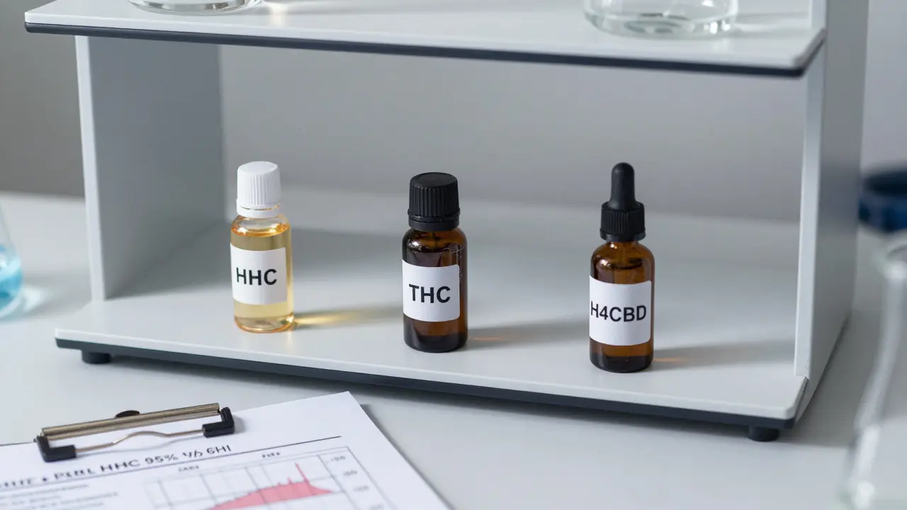 Laborregal mit drei Cannabinoid-Flaschen, HHC leuchtet stabil, THC und H4CBD degradieren