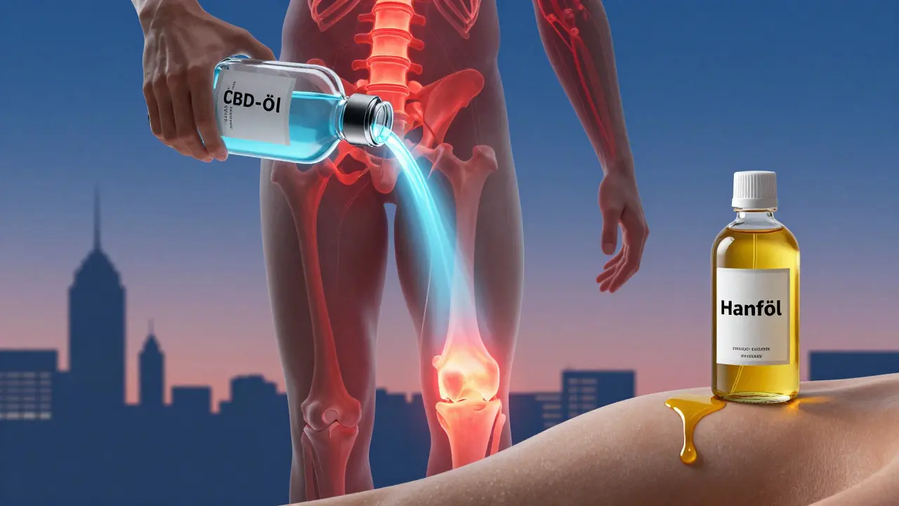 Menschlicher Körper mit CBD-Öl, das Schmerzsignale beruhigt, während Hanföl nur die Haut oberflächlich nährt