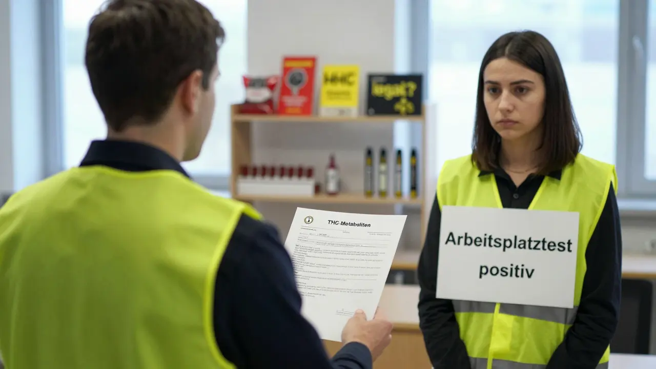 Mitarbeiter vor Gericht mit positivem Drogentest und HHC-Produkten im Hintergrund.