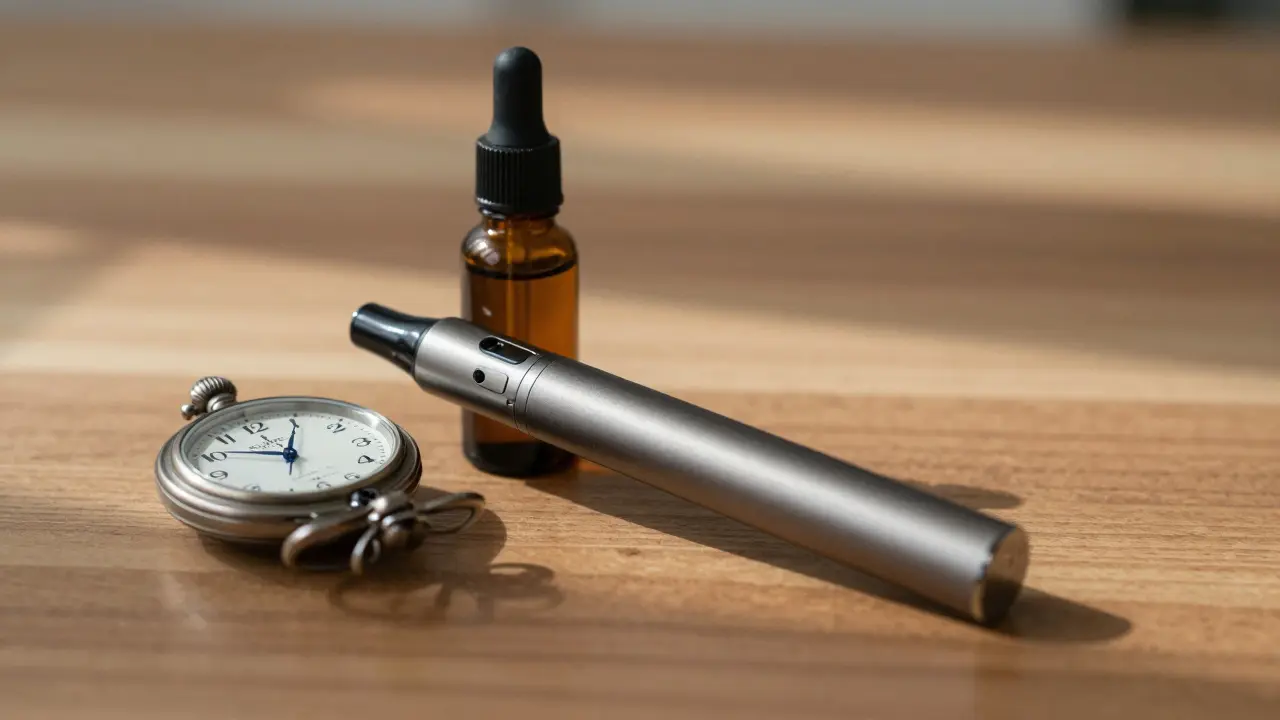 Nahaufnahme eines CBD Vape Pens und Ölflasche neben einer Taschenuhr.