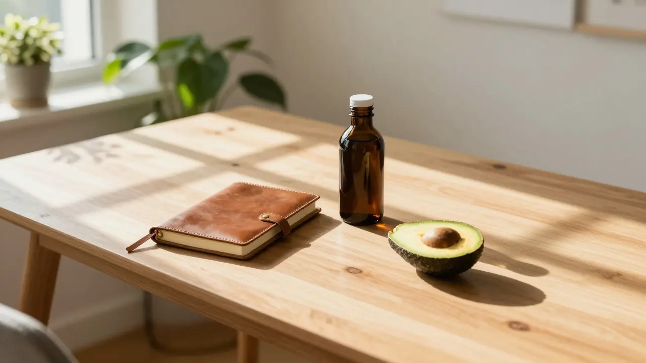 Notizbuch und Avocado neben einer Ölflasche auf hölzerner Oberfläche.