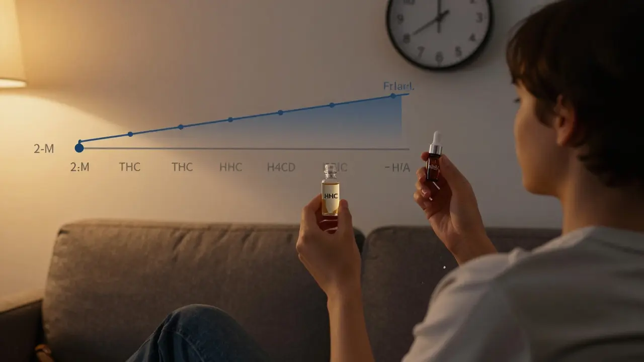 Person in entspannter Pose bei Dämmerung mit HHC-Öl, Zeitlinie zeigt lange Wirkdauer